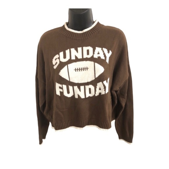 Jessica Simpson brown white trim crewneck Sunday Funday long sleeve sweater szXS - Picture 7 of 12